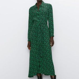 Zara Green + Black Leaf Print Shirt Dress